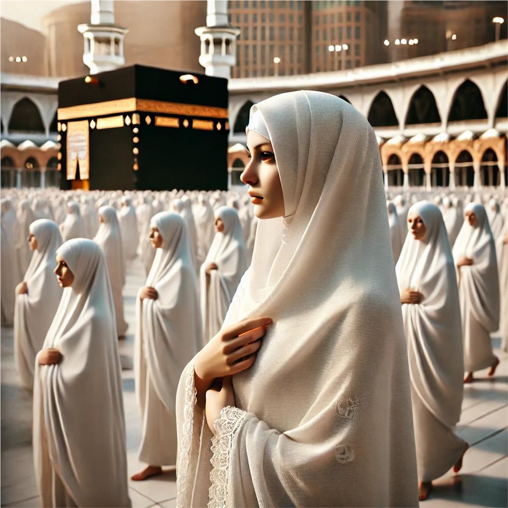 Kadınların ihram yasakları için uygun bir şekilde ihram giren ve Kabe'nin önünde yer alan müslüman kadınlar. Yapay zeka görseli.